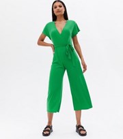 New Look Green Ribbed Wrap Crop Jumpsuit